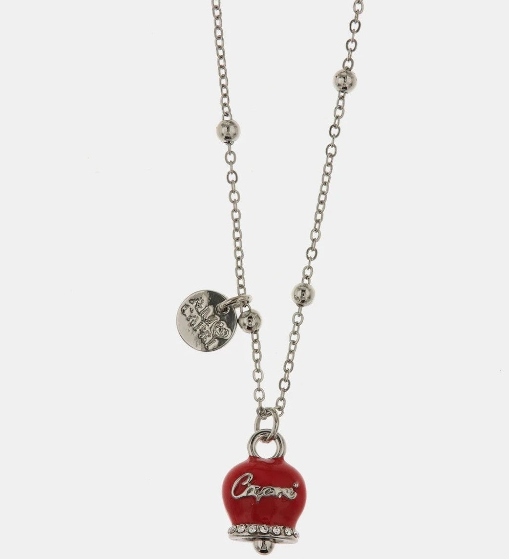 Collana in Metallo con campanella portafortuna pendente, impreziosita da smalto rosso e cristalli