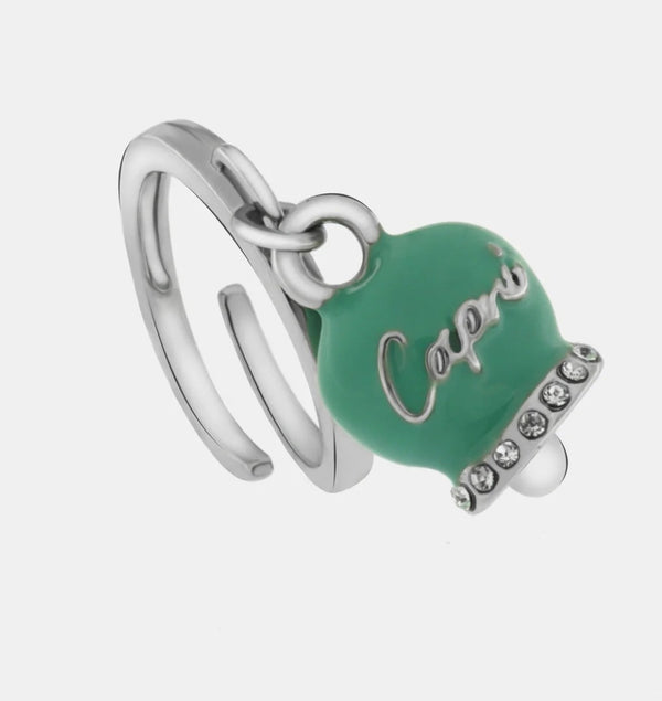 Anello in Metallo con campanella portafortuna color verde acqua, con scritta Capri a rilievo e cristalli bianchi