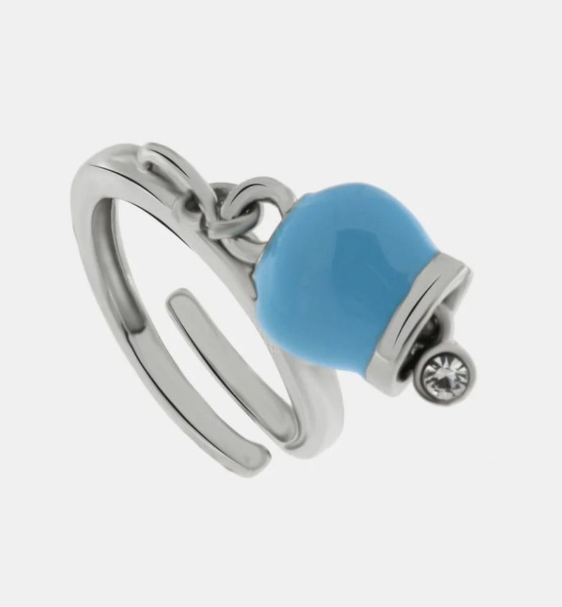 Anello in Metallo con campanella portafortuna pendente color azzurro, impreziosita da punto luce